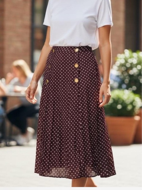Zara Dresses & Skirts - Zara Burgundy Polka Dot Midi Skirt with Gold Buttons